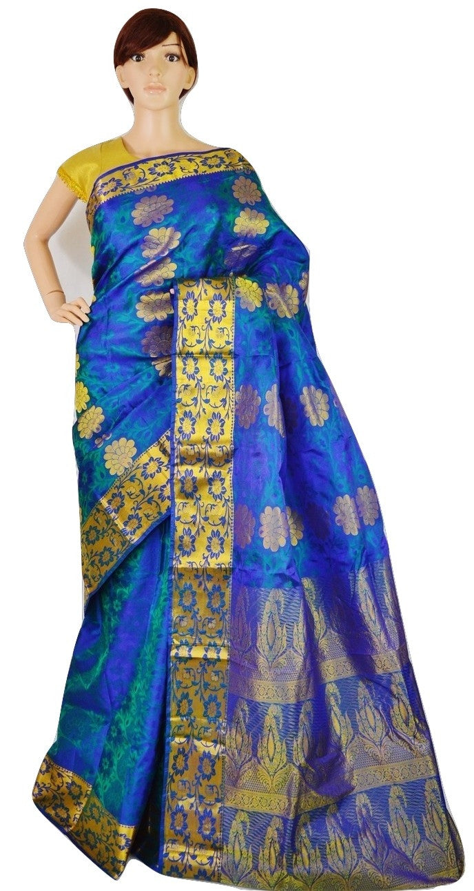 Green Shade Blue Kanchipuram Pattu Silk Saree