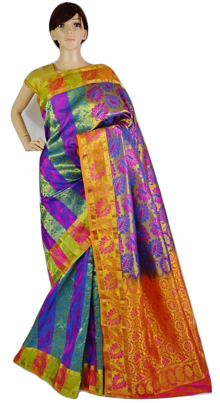 Green ,Orange,Purple& Pink Colour Kanchipuram Silk Saree