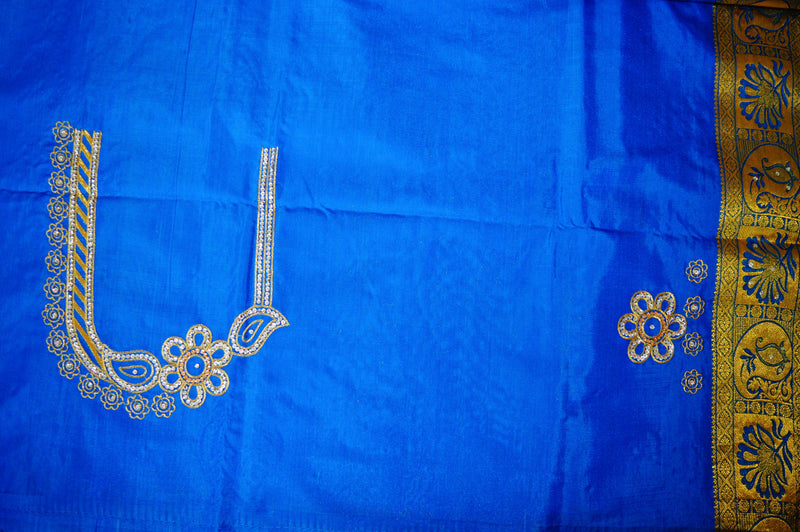 Blue Colour Stone Work Kanchipuram Silk Saree