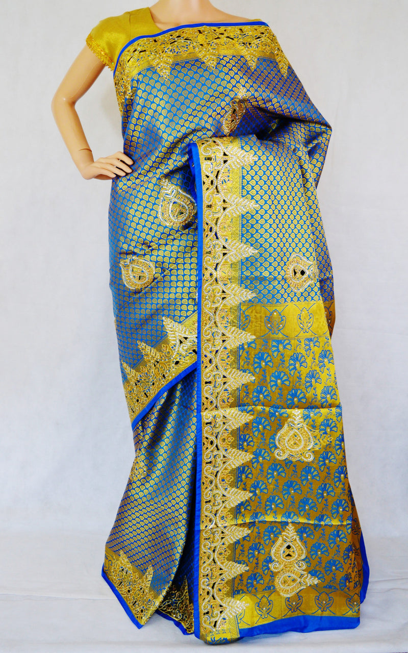 Blue Colour Stone Work Kanchipuram Silk Saree