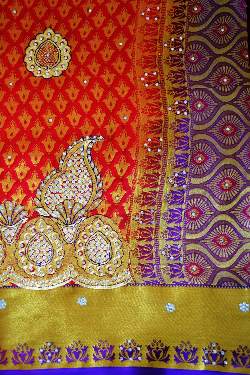 Crimson Red Colour Stone Work Kanchipuram Silk Saree