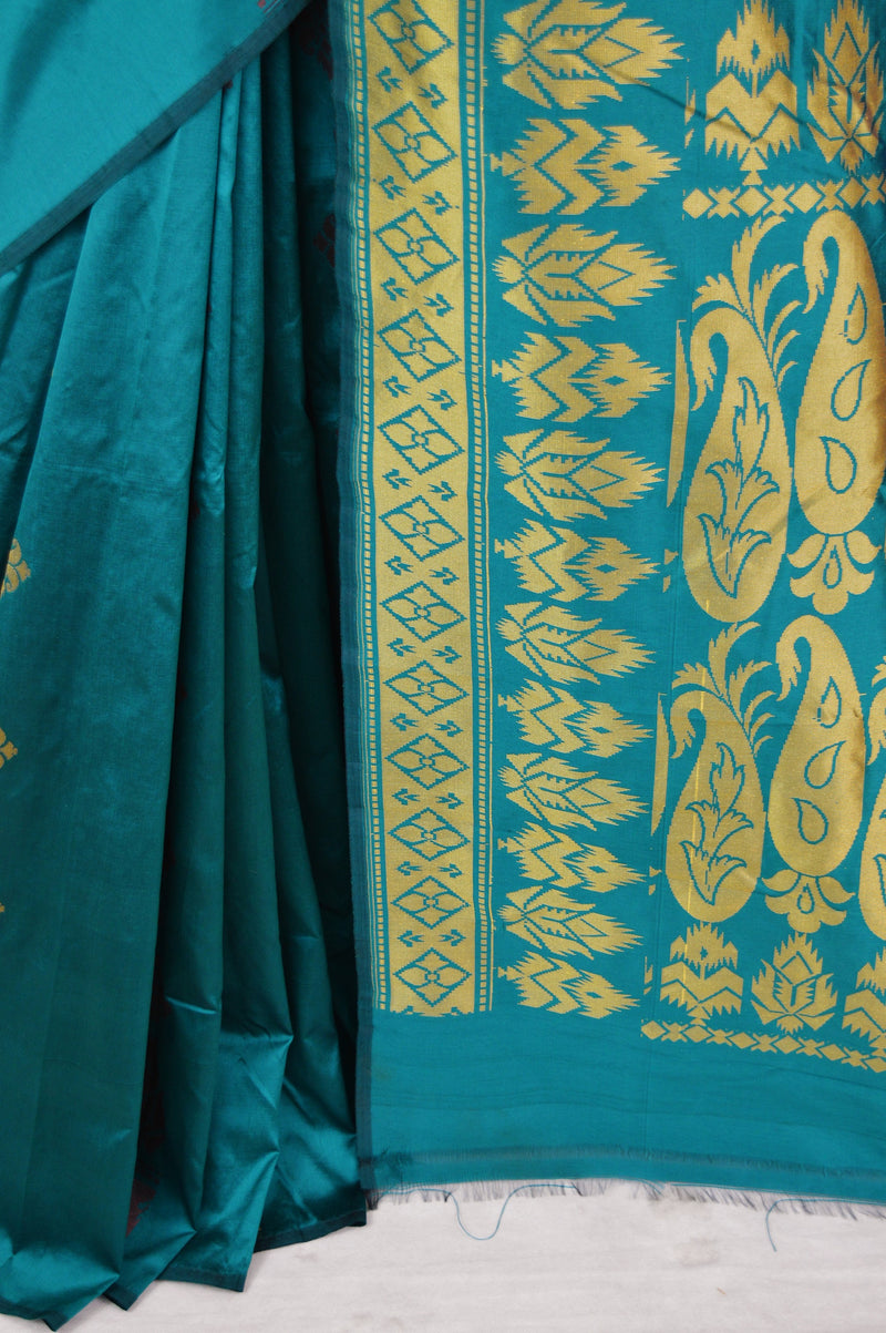 Turquoise & Gold Kanchipuram Silk & Cotton Mix Saree
