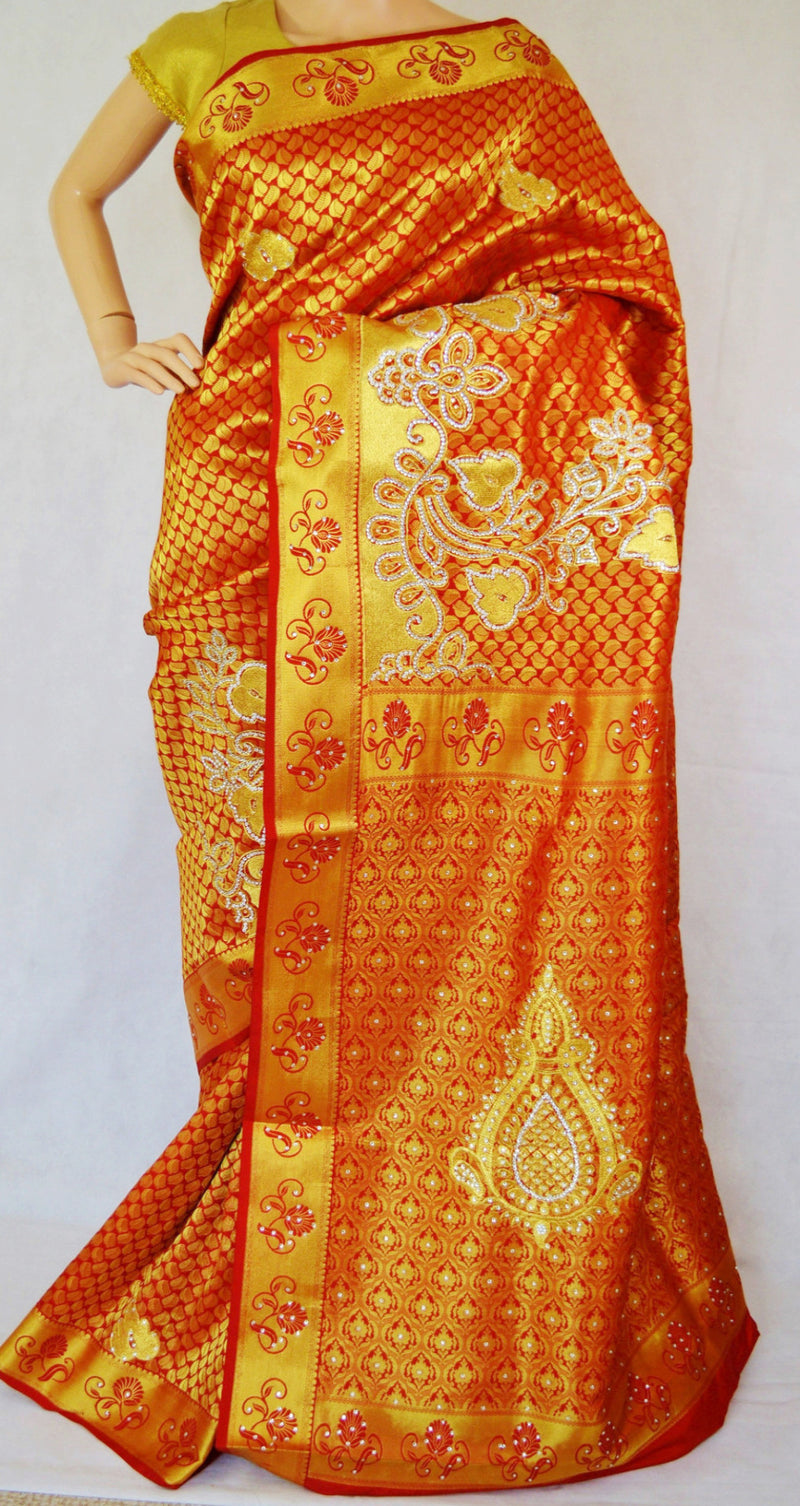 Red Colour Stone Work Kanchipuram Silk Saree