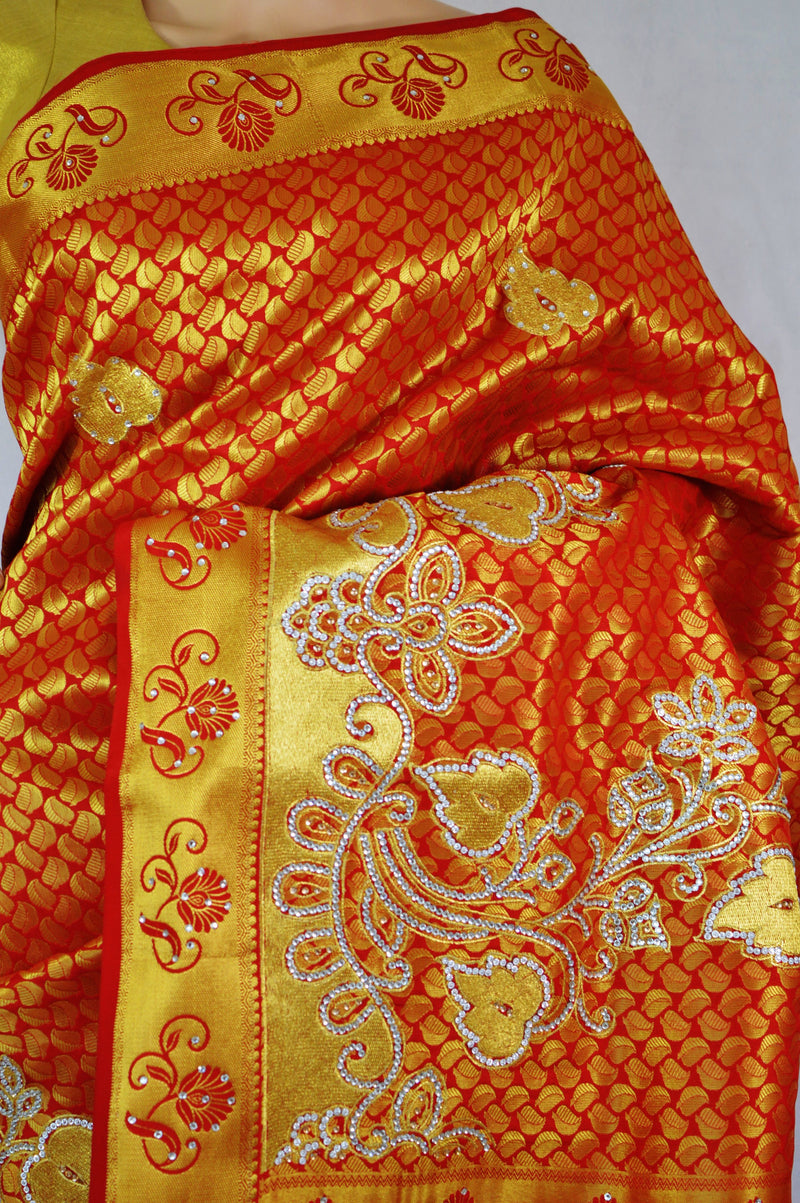 Red Colour Stone Work Kanchipuram Silk Saree