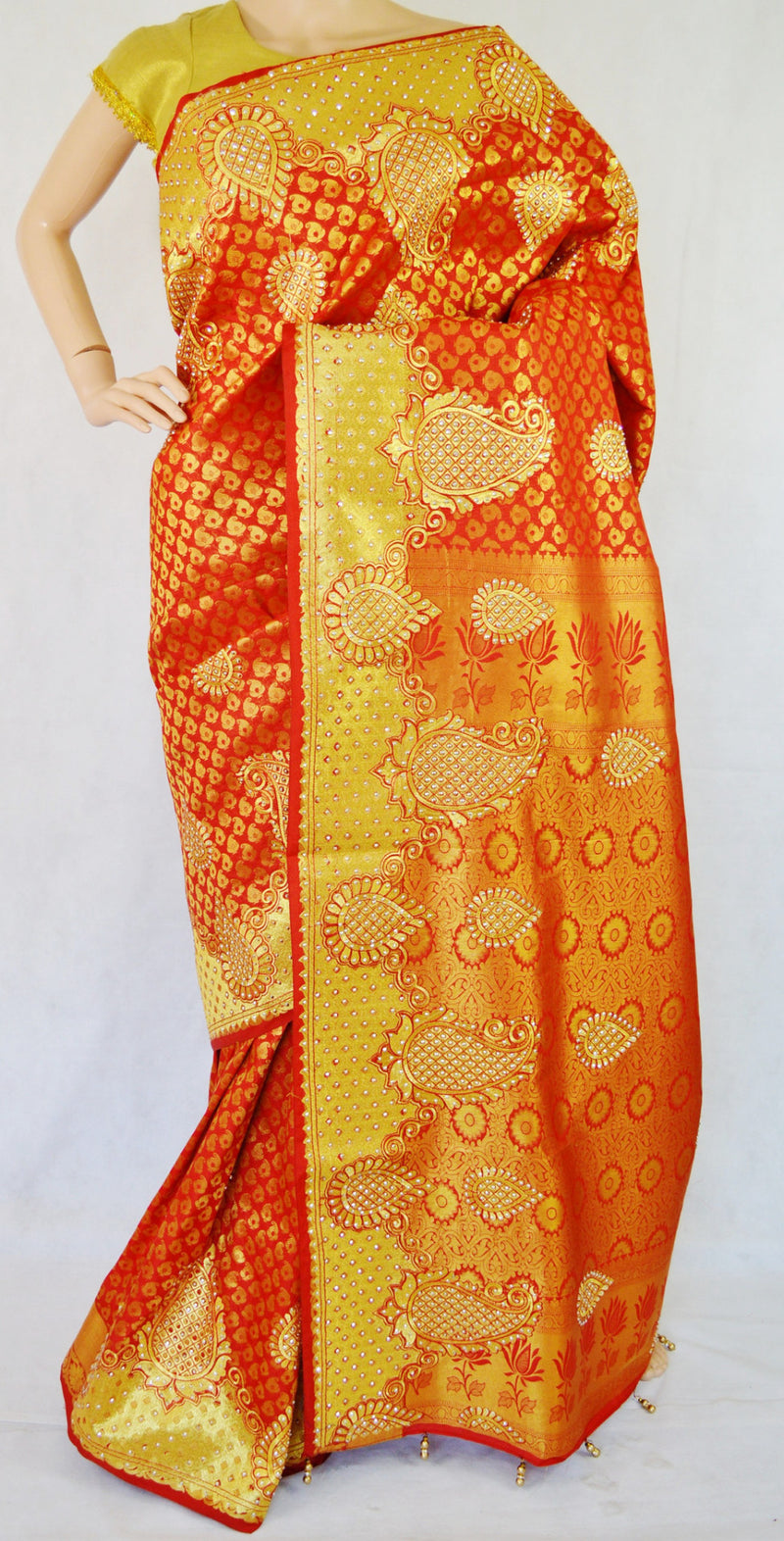 Scarlet Colour Stone Work Kanchipuram Silk Saree