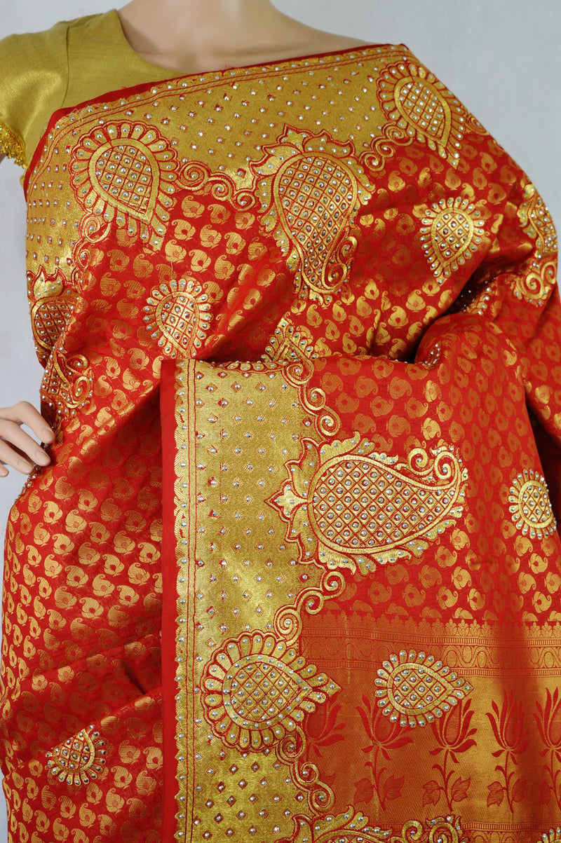 Scarlet Colour Stone Work Kanchipuram Silk Saree