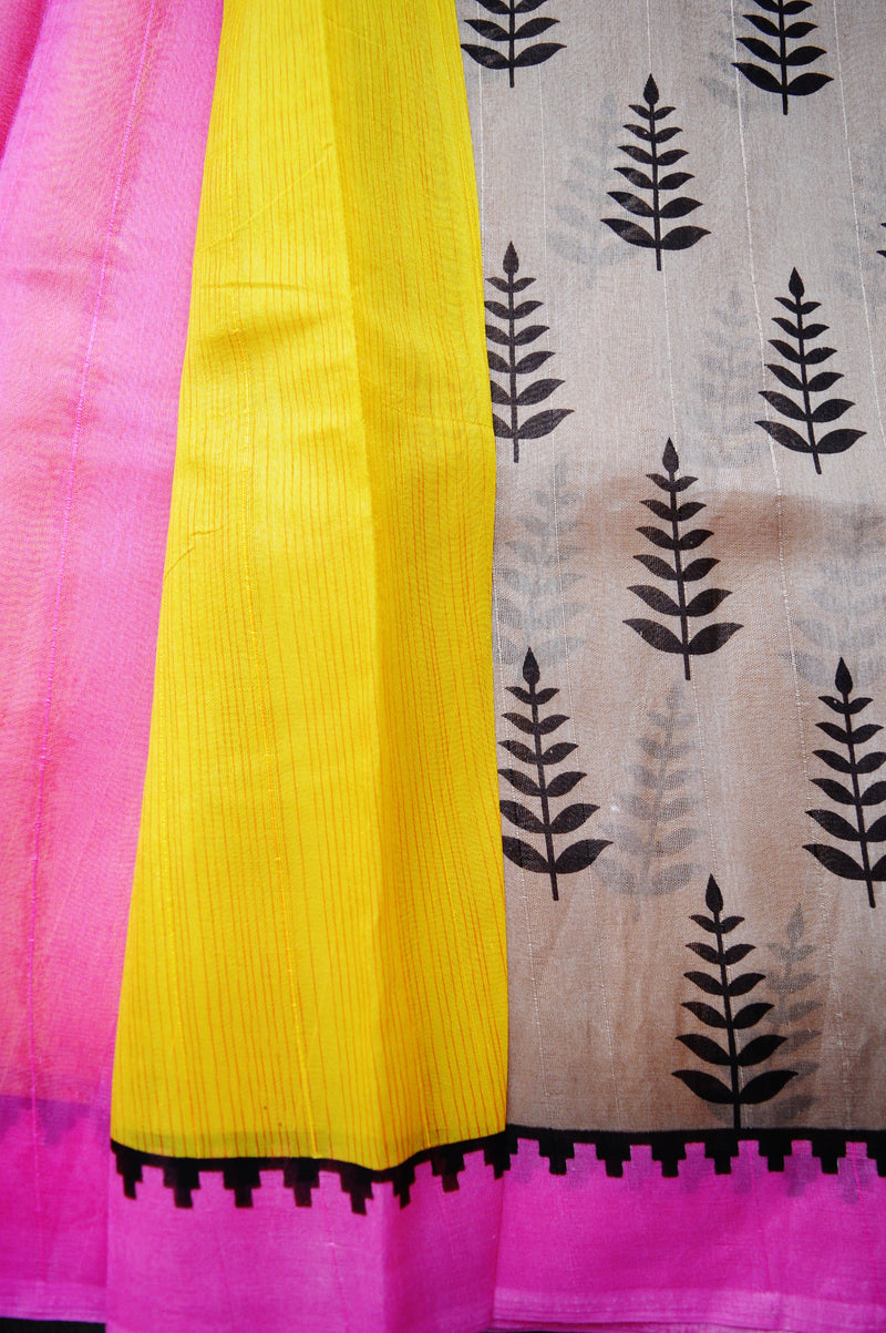 Pink & Yellow  Print Work Bhagalpuri Silk Saree