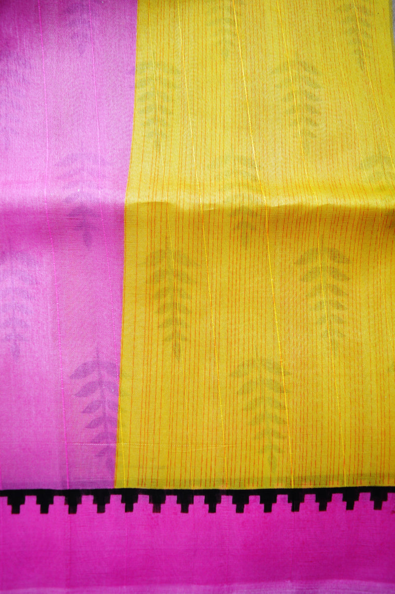 Pink & Yellow  Print Work Bhagalpuri Silk Saree