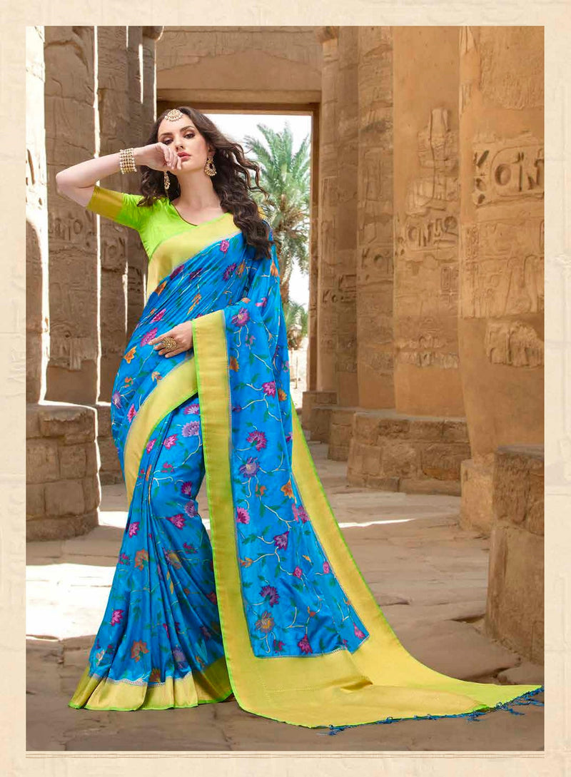 Blue and Green colour Silk Saree