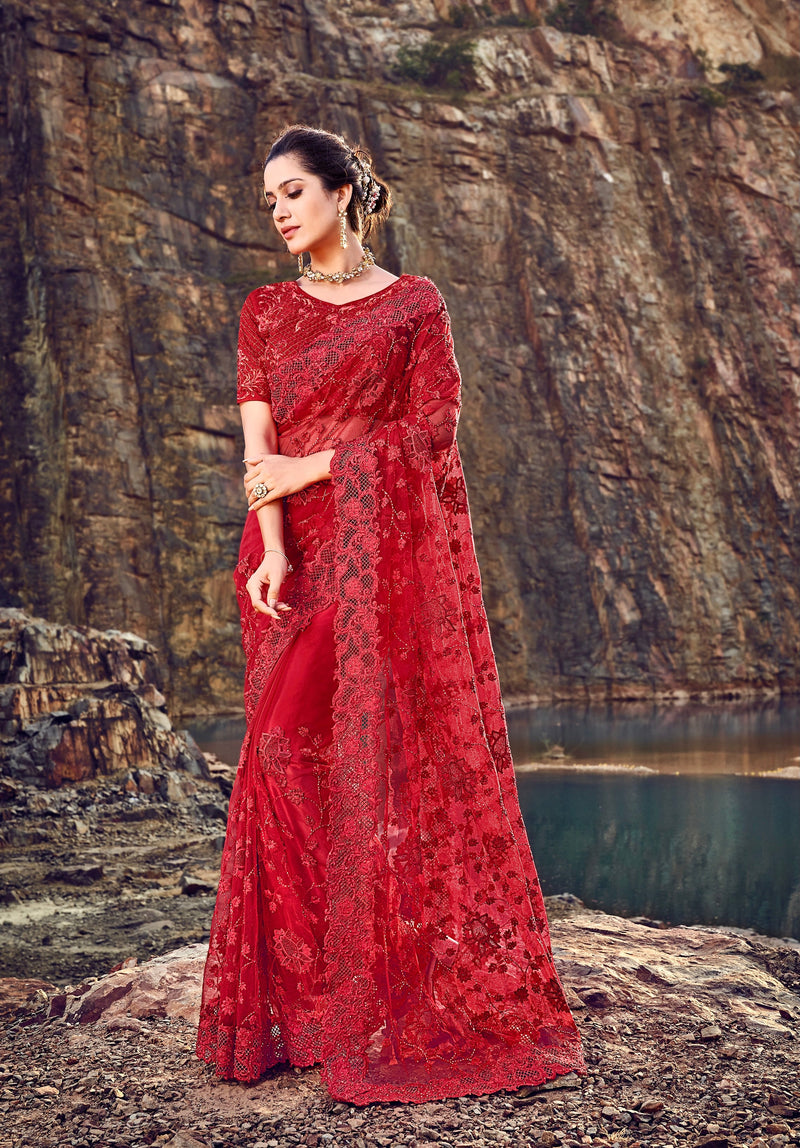 Red Colour Ravishing Designer Pure Net Saree