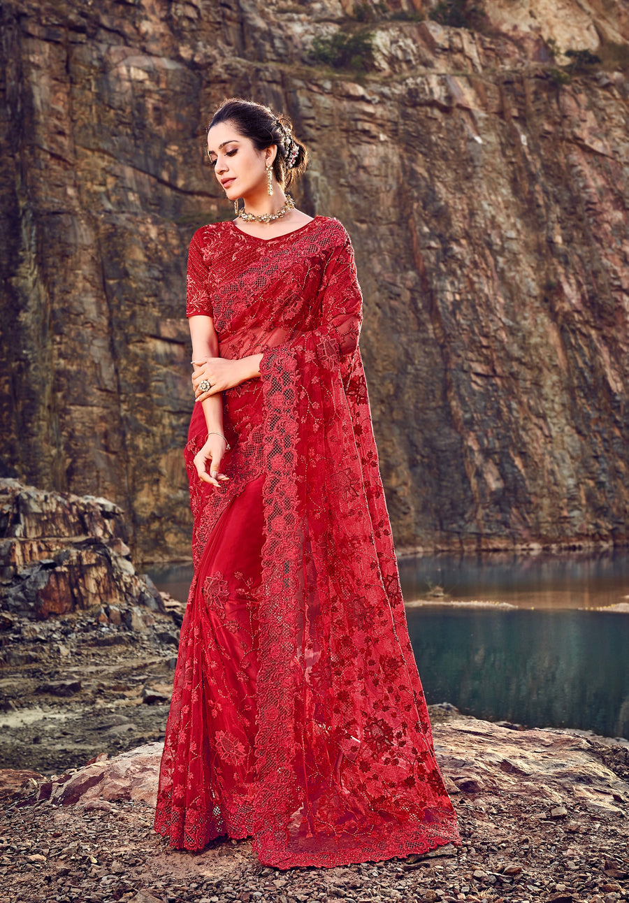 Red net party wear saree top