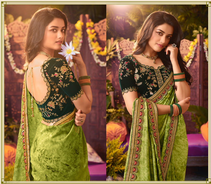 Designer Green Vichitra Silk Diamond Work Saree