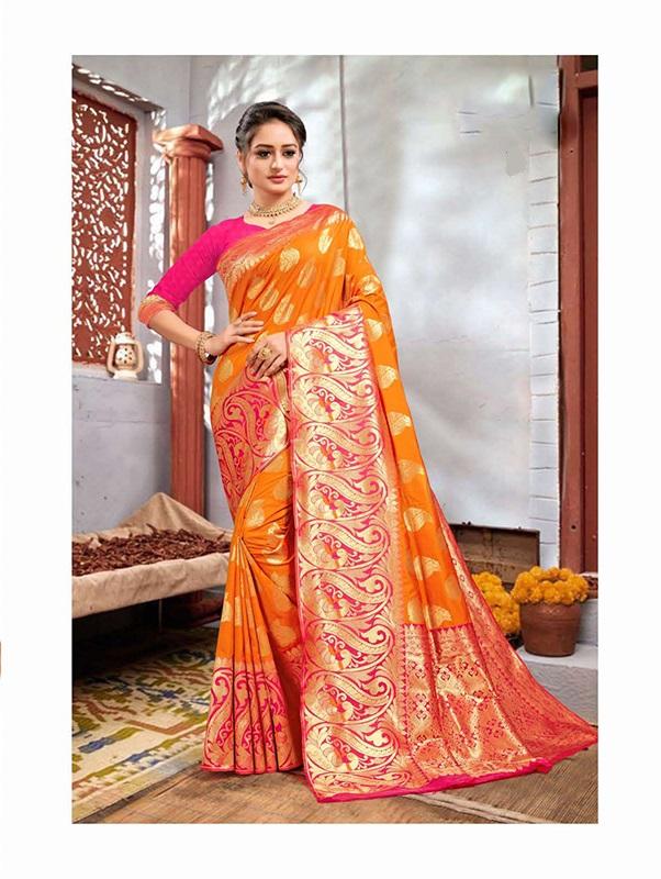 Mustard and Pink colour Silk Saree