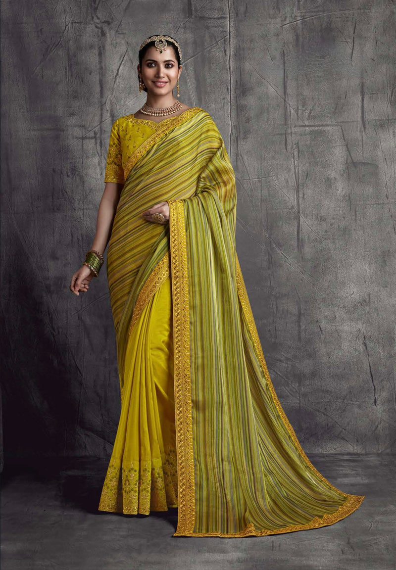 Lime Yellow Colour Designer Saree