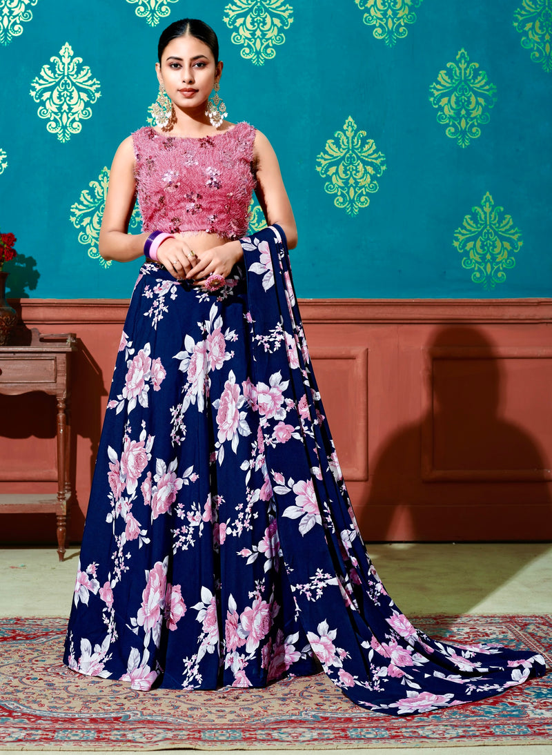 Silk Print with Sequins work Lehenga