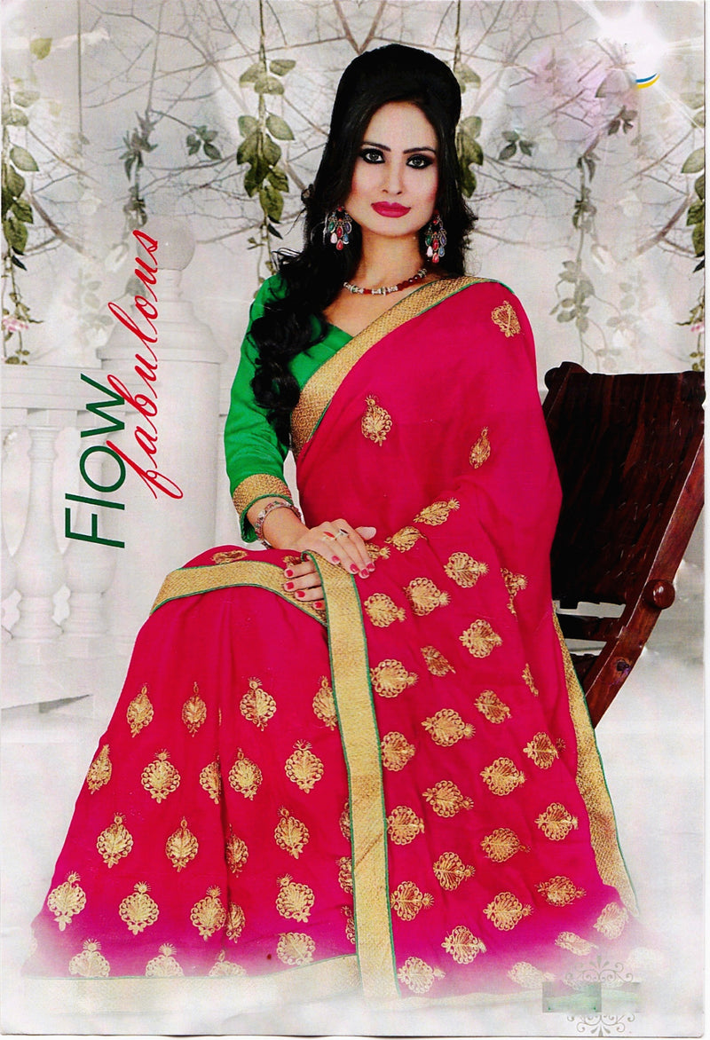 Dark Pink Saree With Green Brocade Blouse Piece