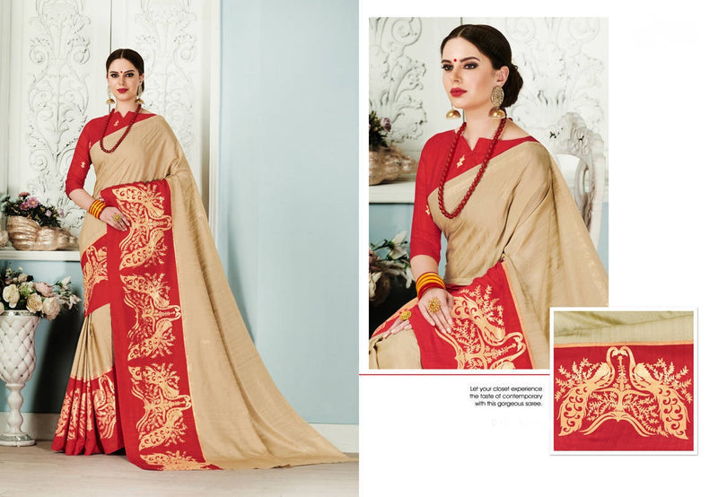 Beige & Red Silk Saree With Gold Print