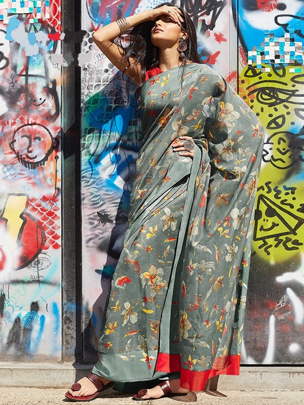 Grey Colour Print Work Saree