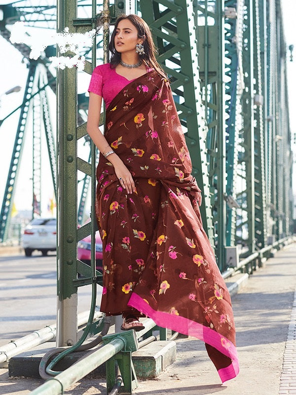 Brown Colour Print Work Saree