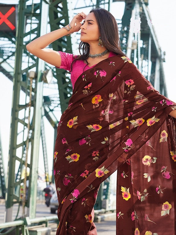 Brown Colour Print Work Saree