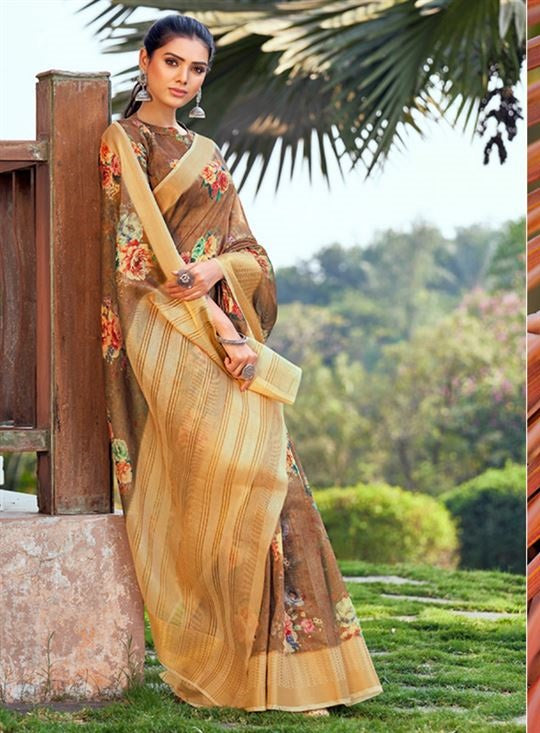 Brown Soft Linen With Zari Border Saree