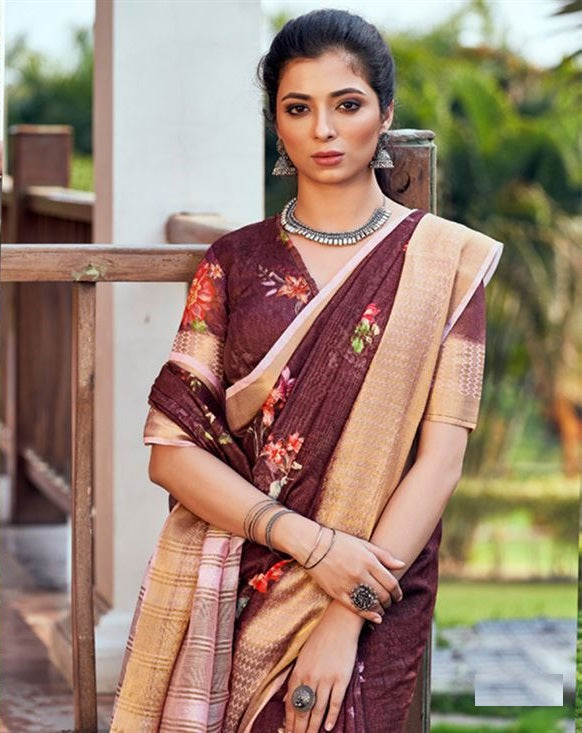 Plum Soft Linen With Zari Border Saree