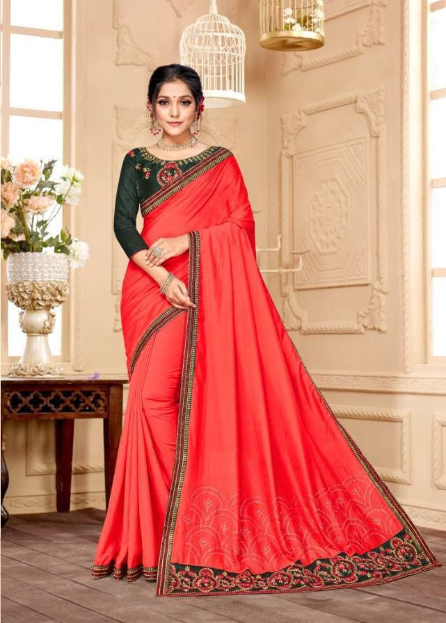 Red colour Silk saree with Embroidery work