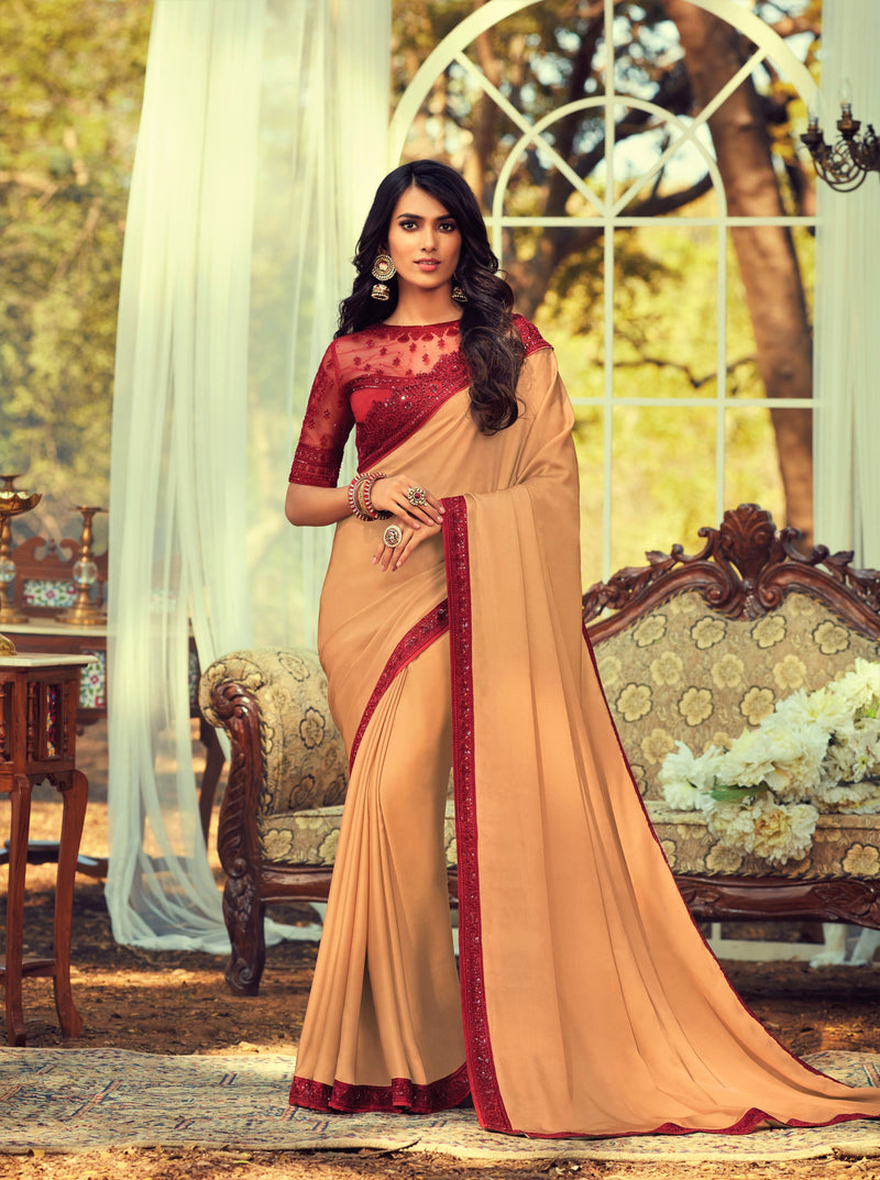 Mustard & Red Colour Designer Saree