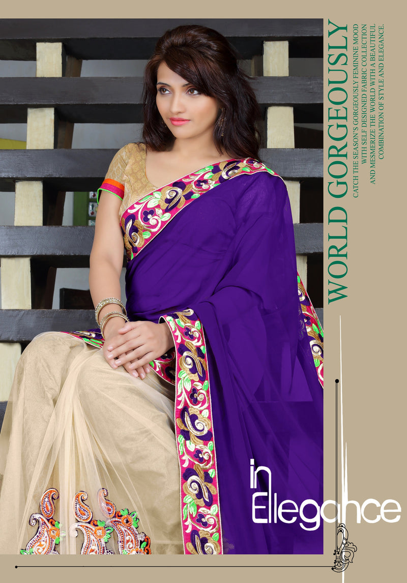 Beautiful Party Wear Violet & Cream Designer Saree