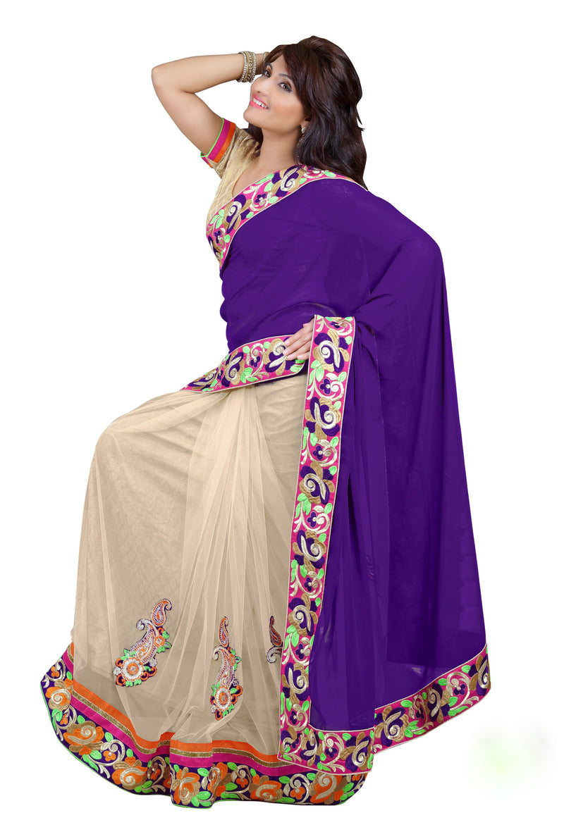 Beautiful Party Wear Violet & Cream Designer Saree