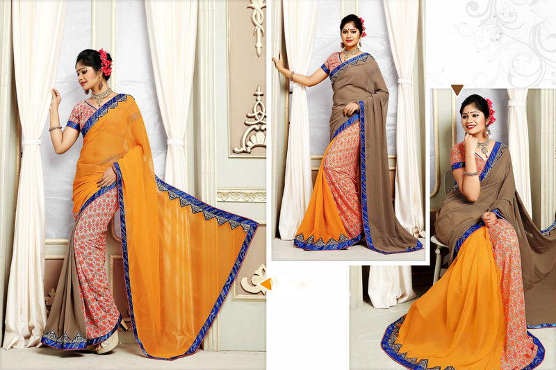 Brown & Orange Colour 2 in1 Saree