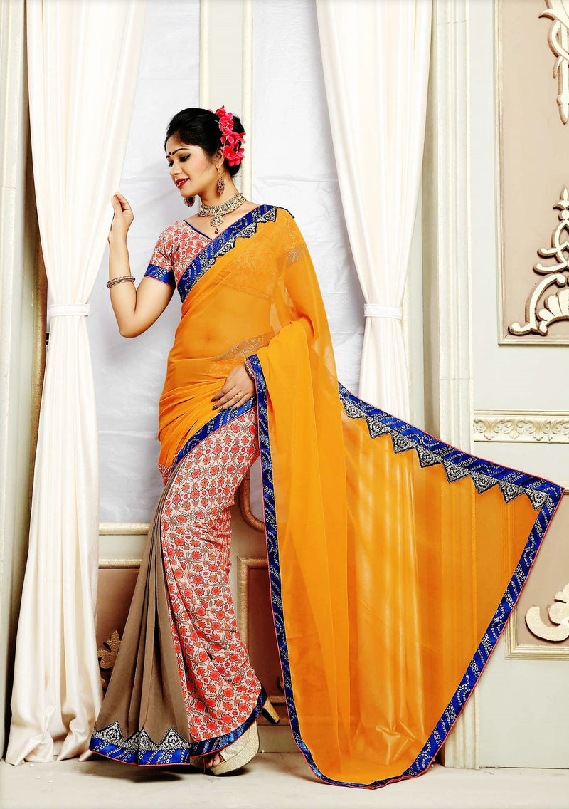 Brown & Orange Colour 2 in1 Saree