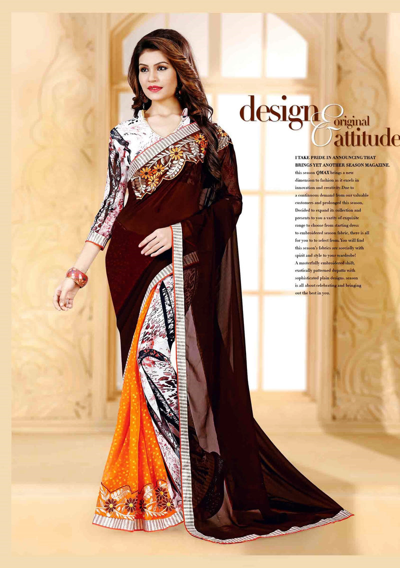 Brown & Orange Colour 2 in1 Saree