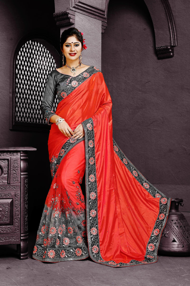 Bright Coral & Gray Shivay Silk Designer Saree