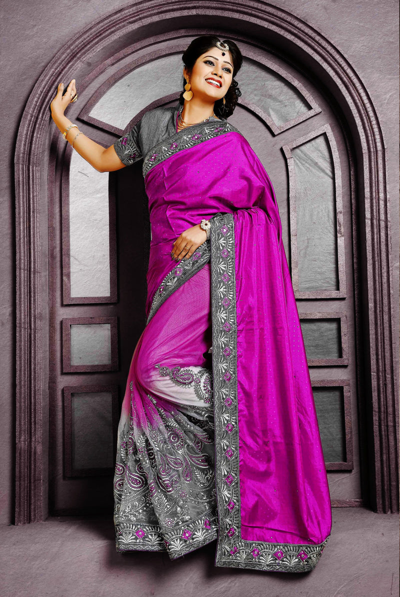 Bright Fuschia & Gray Shivay Silk Designer Saree