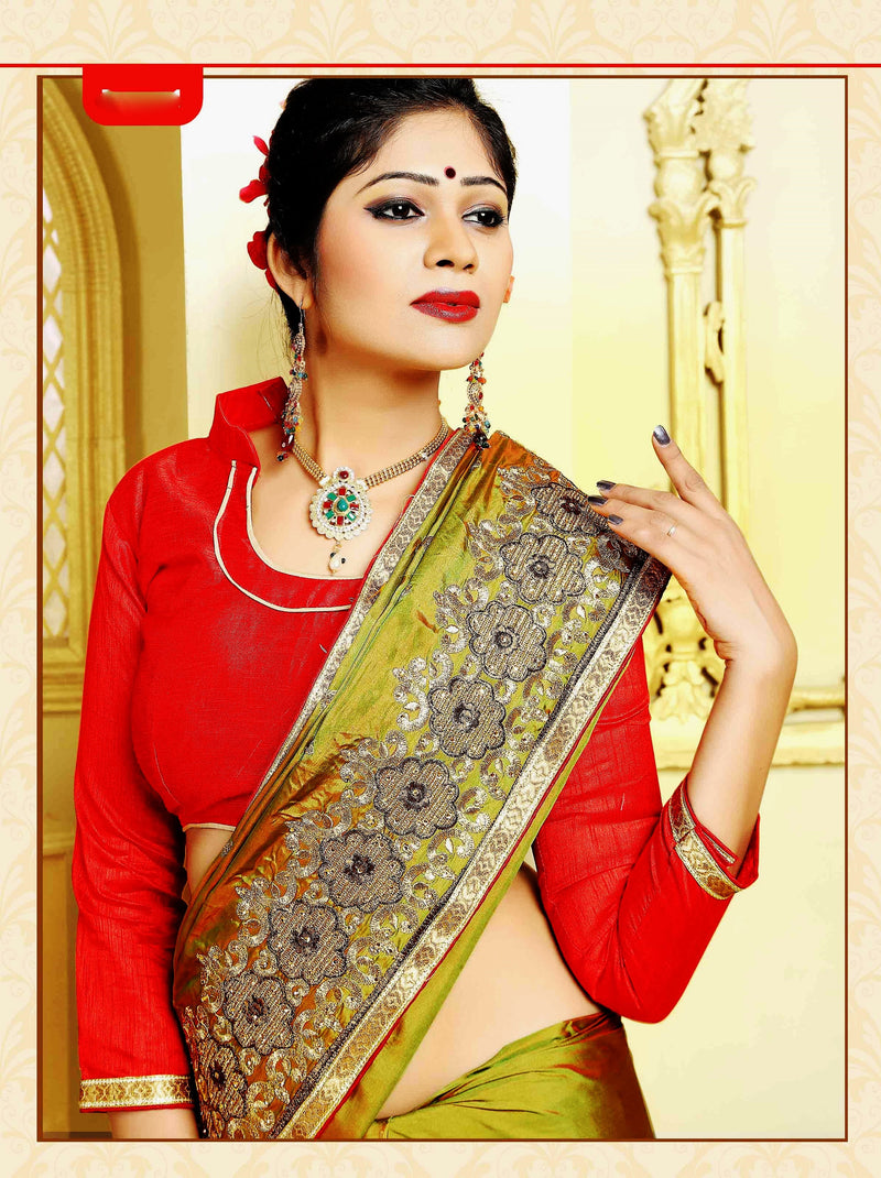 Bright Olive Green & Red Shivay Silk Designer Saree