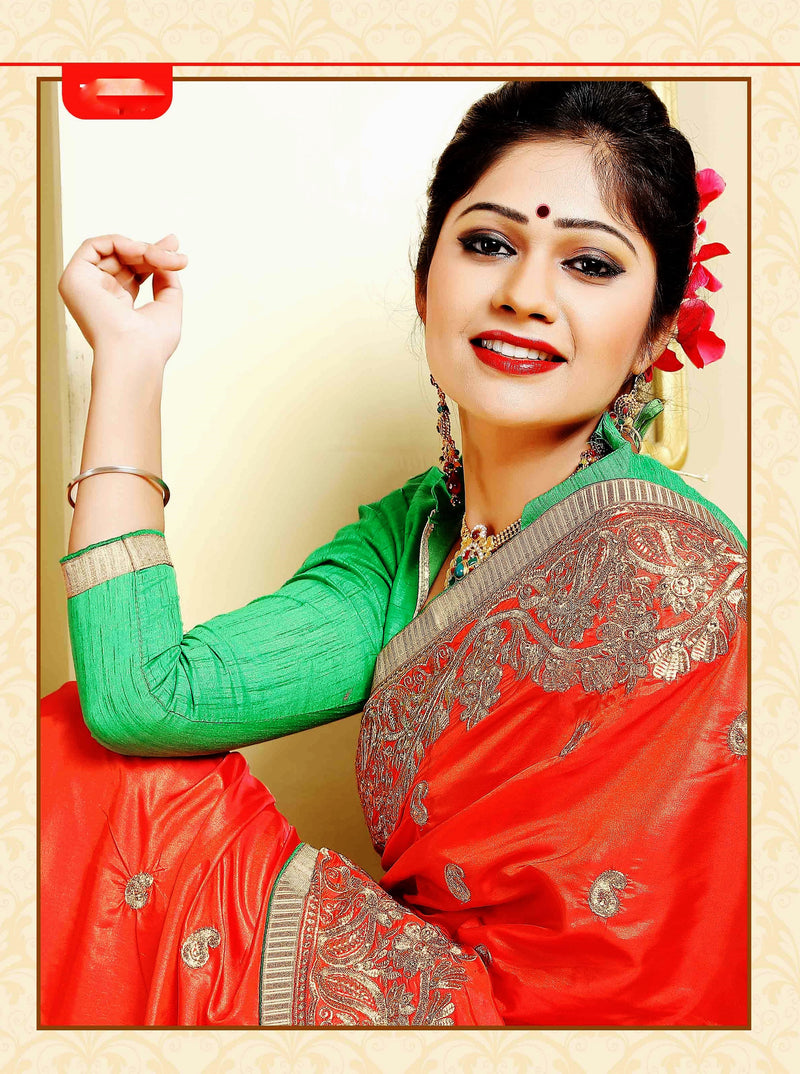 Bright Orange & Green Shivay Silk Designer Saree
