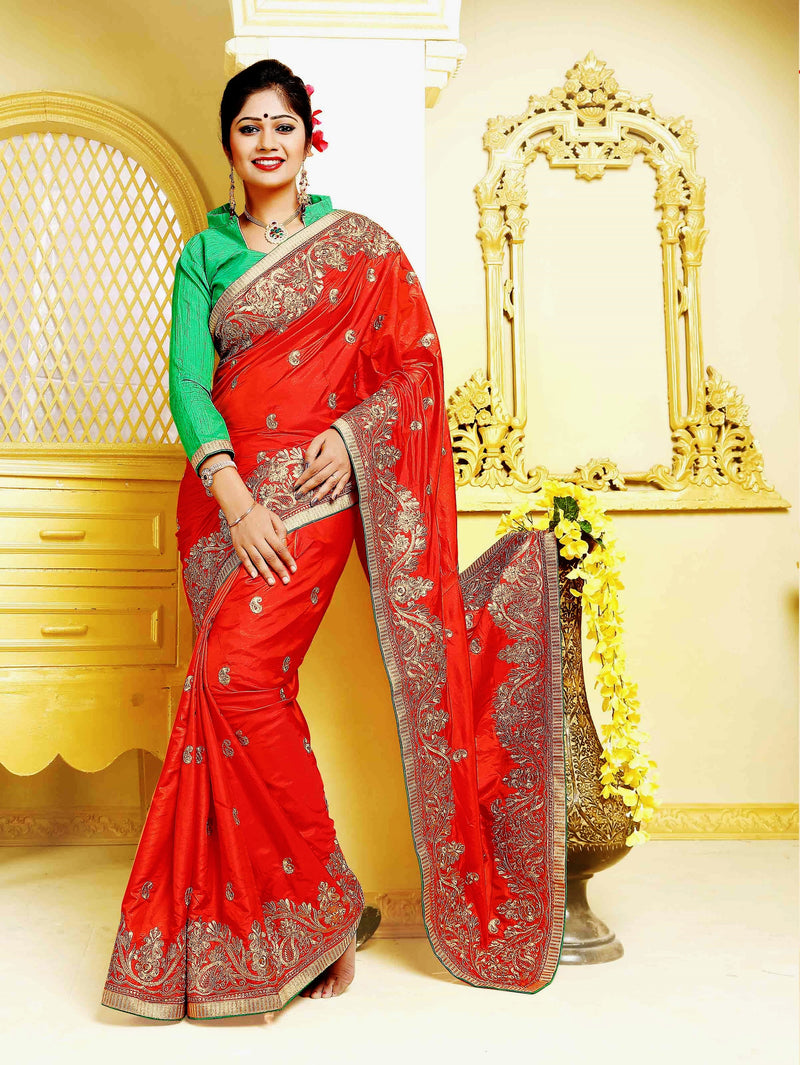 Bright Orange & Green Shivay Silk Designer Saree