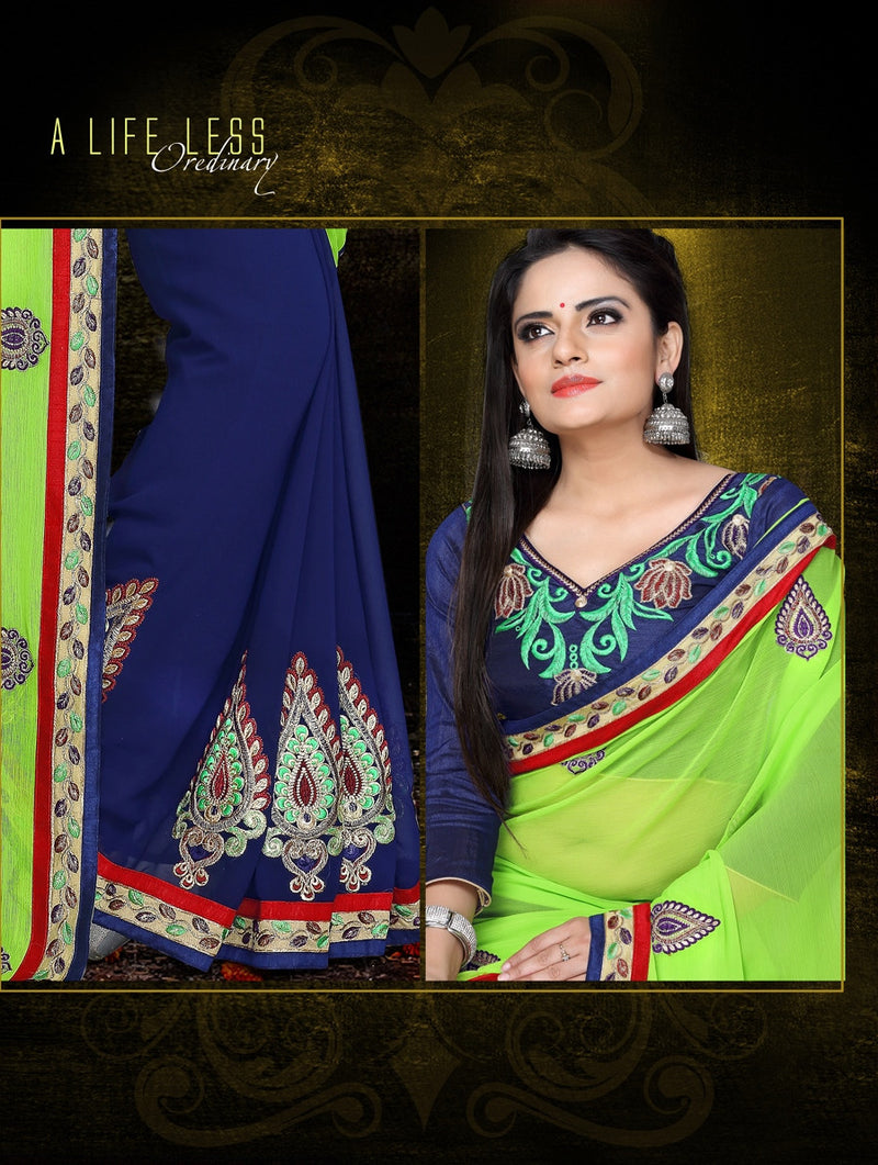 Designer Georgette & Chiffon Saree In Blue &Neon Green