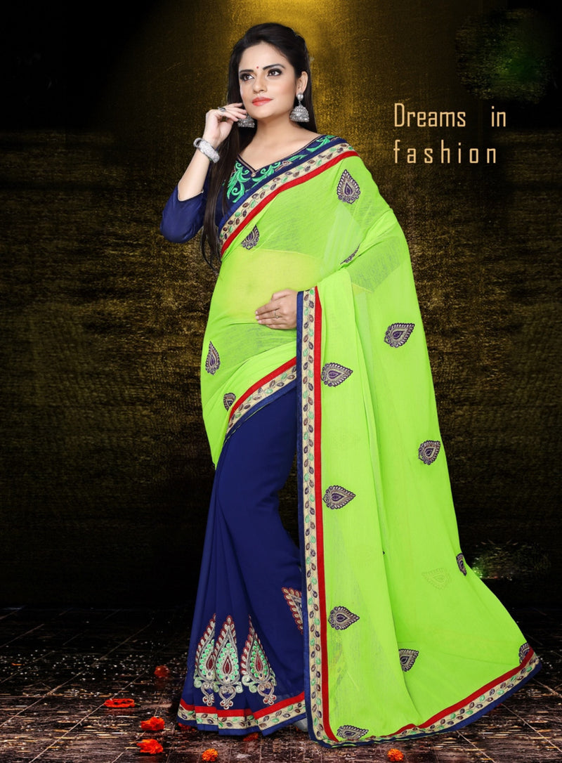 Designer Georgette & Chiffon Saree In Blue &Neon Green