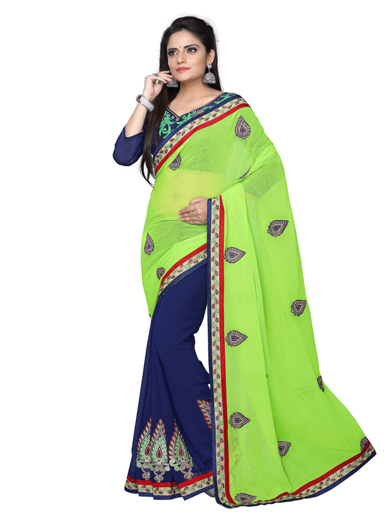 Designer Georgette & Chiffon Saree In Blue &Neon Green