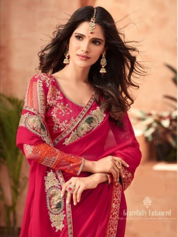 Red colour Geogette Designer Saree