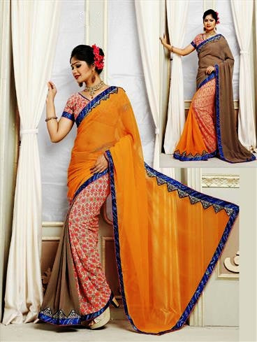 Brown & Orange Colour 2 in1 Saree