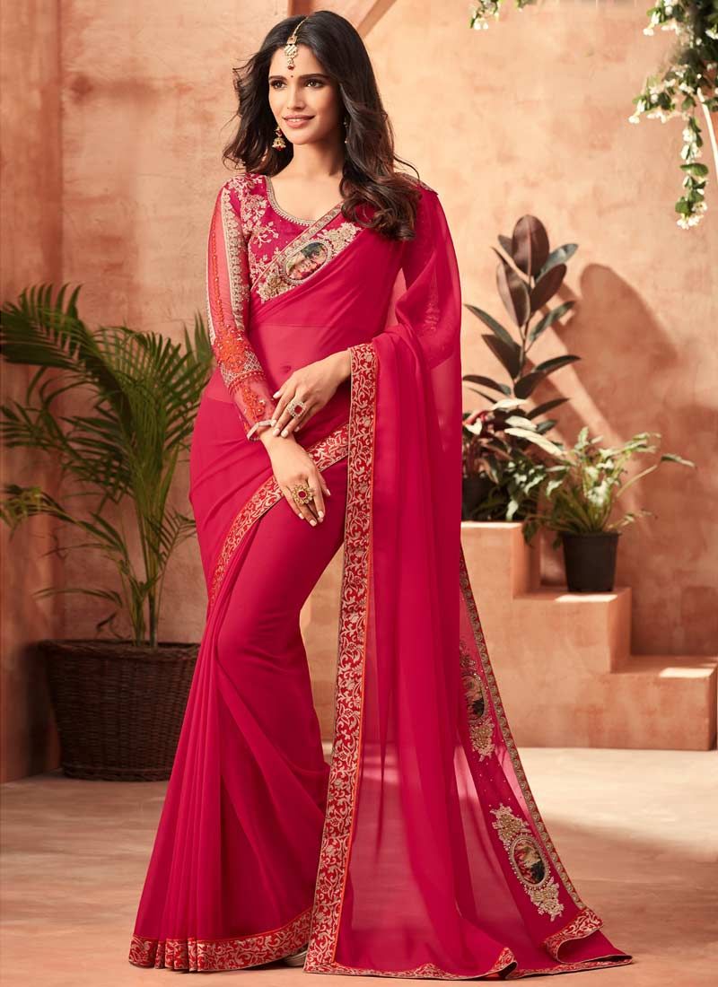 Red colour Geogette Designer Saree