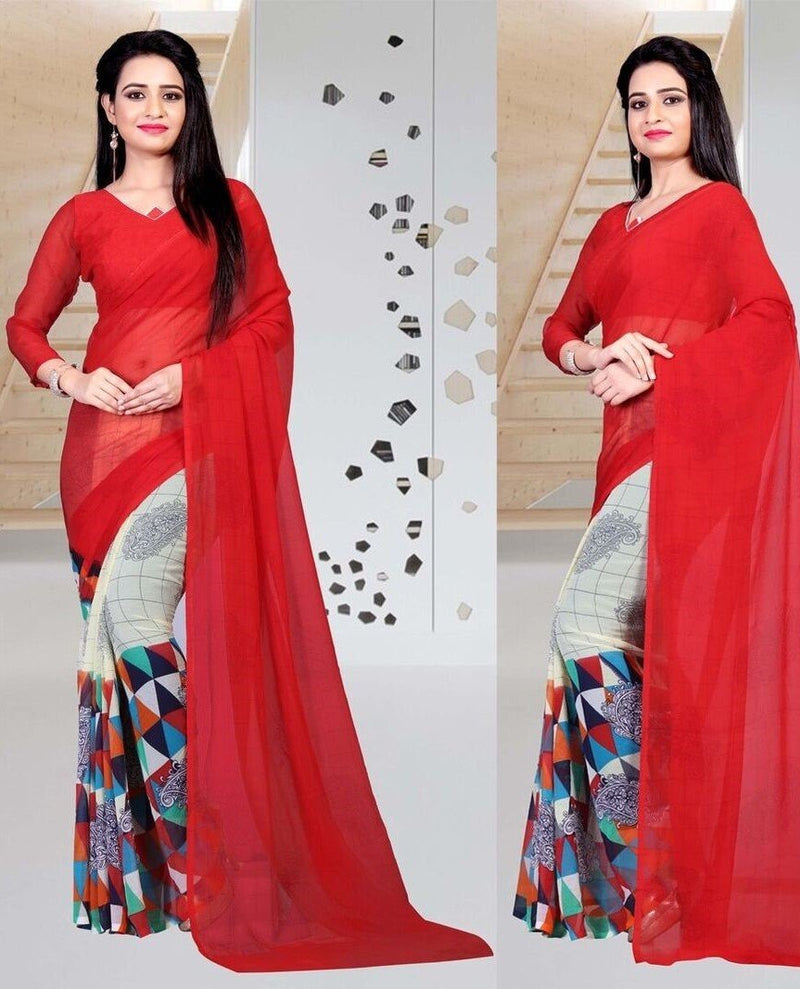 Red & Multi Colour Chiffon Saree