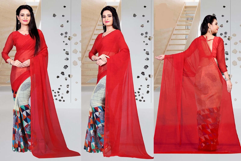 Red & Multi Colour Chiffon Saree