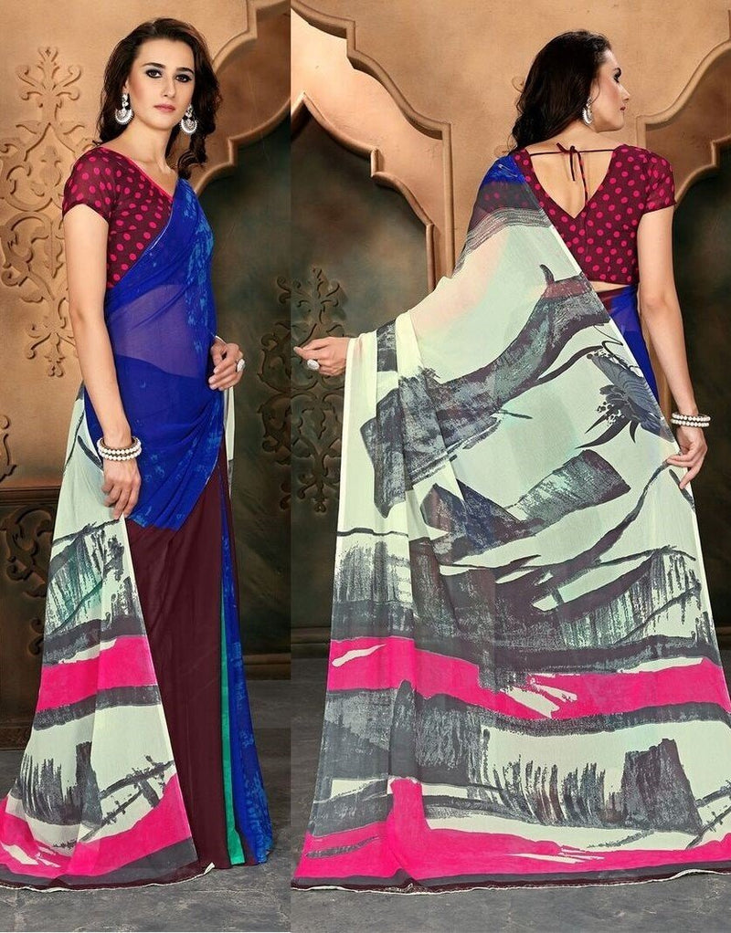 Blue & Multi Colour Chiffon Saree