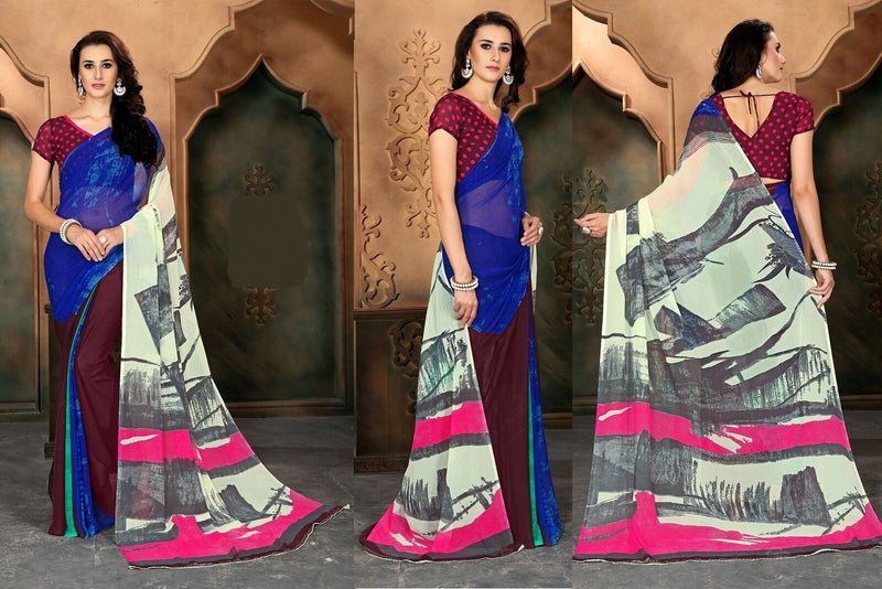 Blue & Multi Colour Chiffon Saree